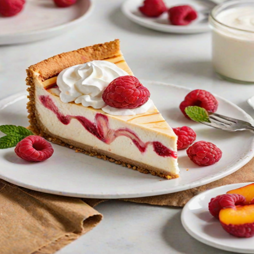 Generate an image of a slice of cheesecake topped with fresh peach slices, raspberries, and a swirl of whipped cream. The crust should be golden and crumbly, with a smooth, creamy filling that features a vibrant raspberry swirl. Include a mint leaf for garnish and place the slice on a simple white plate.