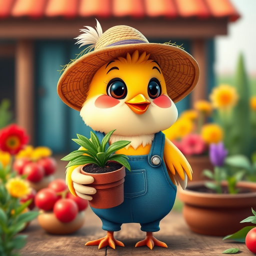 Create a vibrant digital illustration of a cartoonish bird wearing a straw hat and overalls, holding a potted plant, with a colorful farm background, using a Canon EOS R5 camera, ISO 100, f/2.8 aperture, 50mm lens, and soft natural lighting to enhance the image quality.
