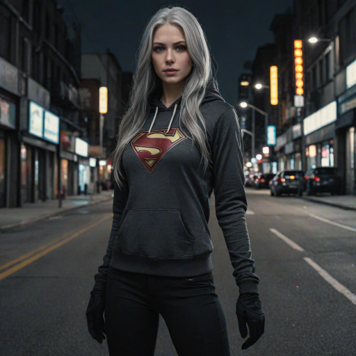 (long straight gray hair:1.2), (bright gray eyes:1.2), (Supergirl:1.2), (black hoodie:1.2), (hood up:1.2), (black half fingers gloves:1.2), (black tight pants:1.2), (black sneakers:1.2), 8k, professional photography, mesmerizing photo, intricate details, hyper realistic, (close shot:1.2), (city at night:1.5), (empty street:1.5), bleak tone, grim tone