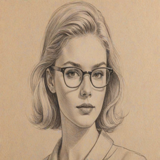 Appealing Claudia Lee, pencil sketch, portrait of Resplendent woman 1966s in glasses, hair style beatnik, outline, clear lines, fine lines, 8k