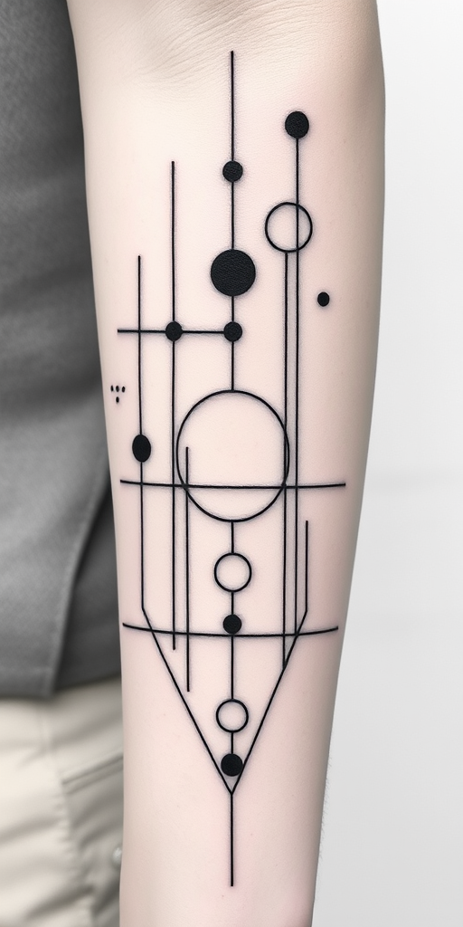 Minimalist blackwork tattoo named "Geometric Harmony" showcasing clean crisp lines forming abstract shapes and patterns interconnected in a balanced composition with varying line weights and negative space creating depth