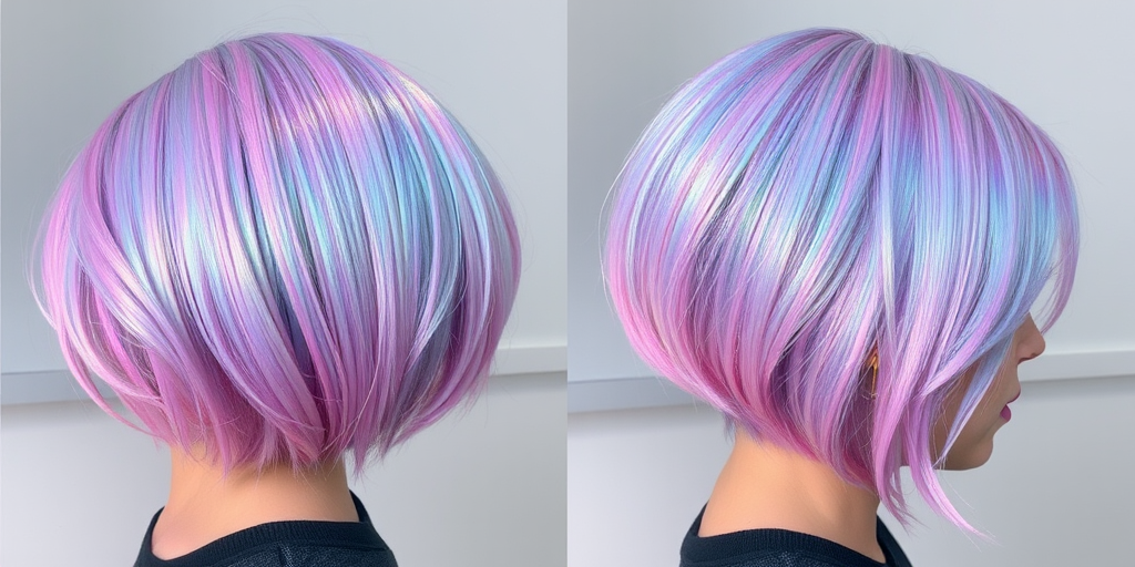 Shimmering holographic bob, named "Prismatic Aura," reflects an ever-changing array of pastel hues that shift and dance with every movement