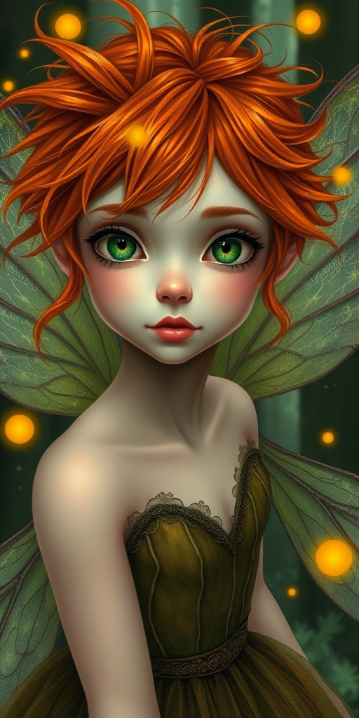 detailed face and eyes, fairy with wings, ginger hair, messy hair, dress, fireflies, forest, green eyes