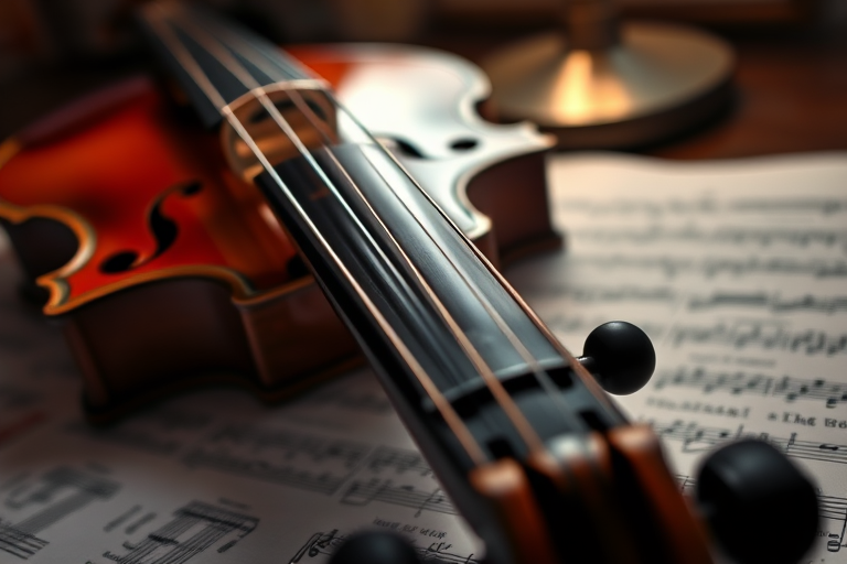 Sharp, detailed close-up of a violin resting on a sheet of music, soft light from a nearby lamp illuminating the strings, tiny details of the wood grain visible, and the sound of soft classical music in the background.