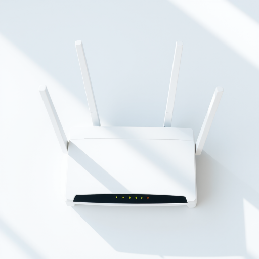 Generate a high-resolution image of a modern Wi-Fi router with two antennas, featuring LED indicators for power and network status, captured in a top-down view using a DSLR camera at f/2.8 aperture, ISO 100, 1/60 shutter speed, and natural daylight for a clear and vibrant appearance.