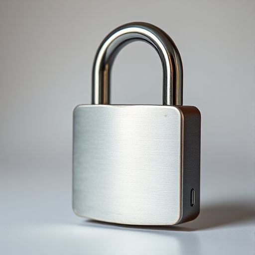Create a high-resolution image of a closed padlock with a smooth metallic finish, using a 50mm lens at f/2.8, ISO 100, with soft natural lighting from the left, in a studio setting.