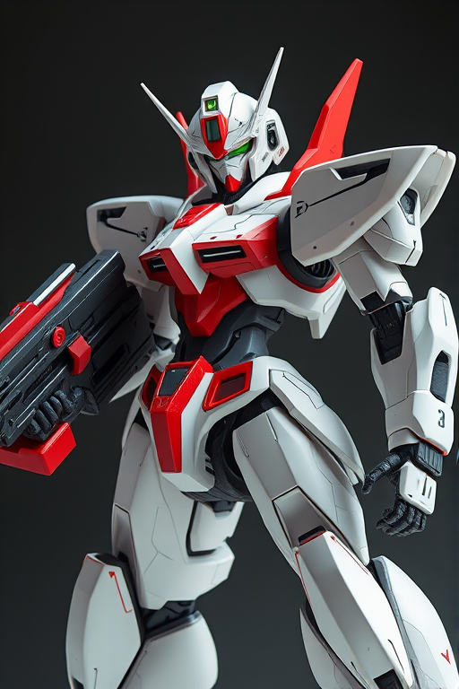 Regenerate a high-resolution image of a futuristic robot character with a sleek design, featuring a white and red color scheme, wielding a large weapon, captured with a DSLR camera at f/2.8 aperture, ISO 100, and a 50mm lens, in a dynamic angle view to emphasize its features and details.