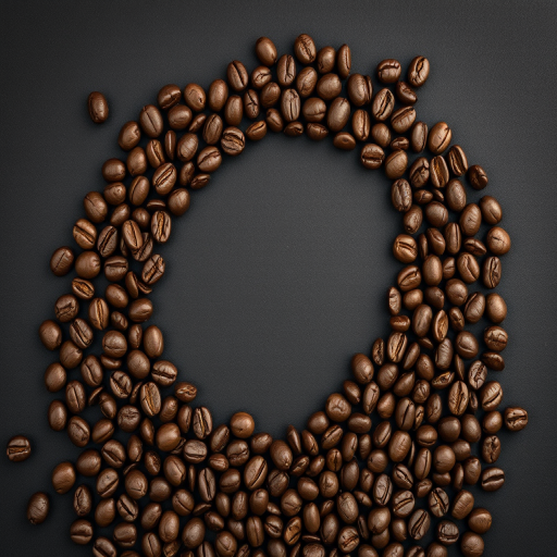 regenerate an image of a large coffee bean shape formed by various coffee beans scattered across a dark background, taken with a DSLR camera at f/2.8 aperture, ISO 100, with a shallow depth of field and a top-down view to enhance texture and detail.