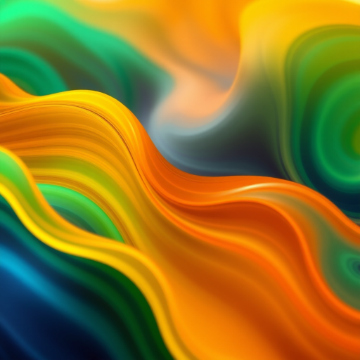 Generate a vibrant abstract image with flowing waves of orange, green, yellow, and blue colors, focusing on smooth gradients and dynamic patterns, captured using a Canon EOS R5, 50mm lens, f/1.8 aperture, ISO 100, at a high shutter speed of 1/500s, employing a macro photography style for enhanced detail and clarity.