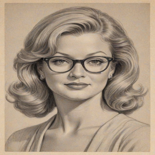 Splendid Mary Hart, pencil sketch, portrait of Splendid woman 1933s in glasses, hair style beatnik, outline, clear lines, fine lines, 8k