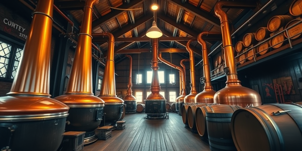 interior of a vintage distillery with copper stills and wooden barrels, warm lighting, wide angle view, DSLR camera, f/8 aperture, ISO 100, 24mm focal length, soft focus background, high dynamic range photography