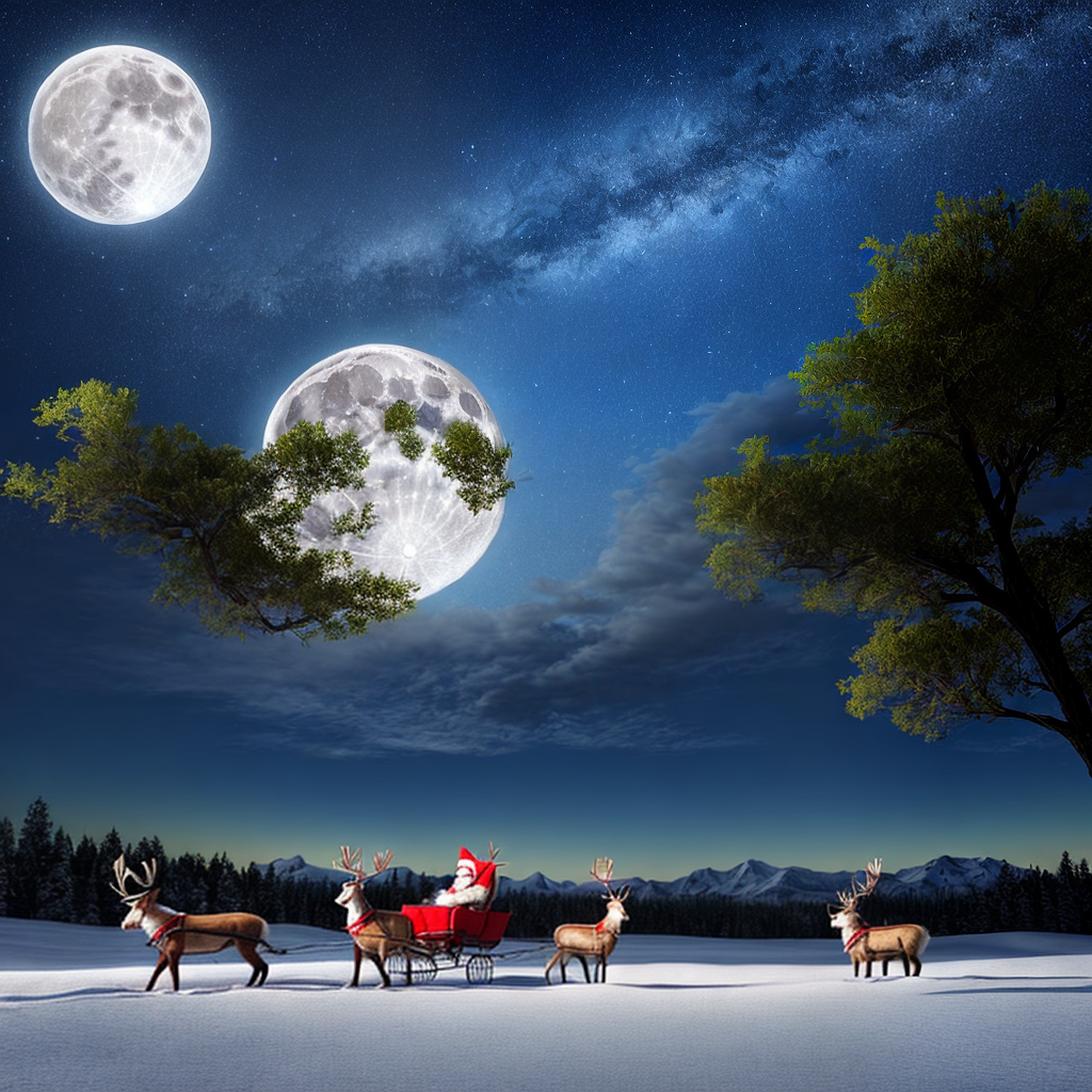 Santa in his sleigh with reindeer flying on Christmas Eve under a full ...