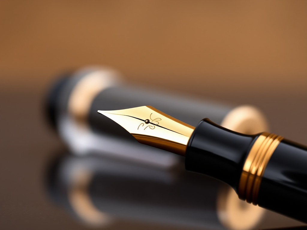 Generate a high-resolution image of a luxurious black fountain pen with a gold nib, soft focus background, shot with a DSLR camera using a 50mm lens at f/2.8, ISO 100, and 1/125s shutter speed for optimal clarity and depth of field.