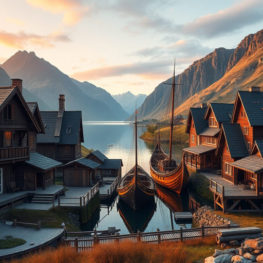 Create a high-resolution image of a Viking village with intricate wooden structures, a large Viking ship docked in a serene harbor, surrounded by mountains, captured with a DSLR camera at f/8 aperture, ISO 100, using a wide-angle lens at 24mm, during golden hour for warm lighting and enhanced color contrast.