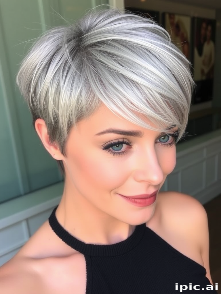 Sleek silver fox pixie cut with feathered bangs, emphasizing natural gray tones and incorporating subtle platinum highlights for a chic, age-defying style