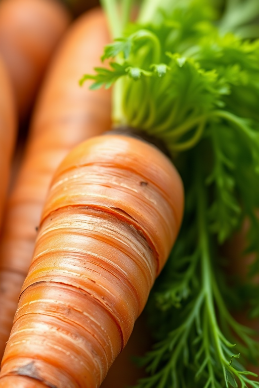 A realistic close-up of a fresh carrot with vibrant green leafy tops, captured in natural light using a Canon EOS R5, aperture set to f/2.8, shutter speed at 1/125s, ISO 100, in a soft-focus style to enhance detail and texture.