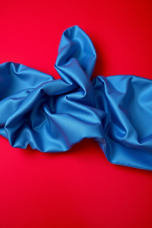 Create a high-resolution image of a crumpled blue satin cloth on a vibrant red background, using a Canon EOS R5 with a 50mm f/1.2 lens, at ISO 100, aperture f/8, and a 1/125s shutter speed, with soft diffused lighting to enhance texture and detail.