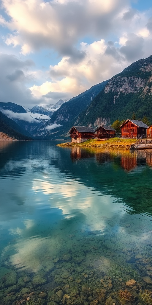 Landscape of a tranquil lake with wooden houses on the shore, surrounded by mountains and clouds, shot with a Canon EOS 5D Mark IV, 24mm lens, aperture f/8, ISO 100, HDR style, capturing vibrant colors and reflections in the water.