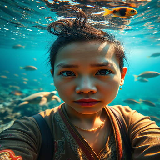 Realistic selfie image of a Burmese, wearing a vintage outfit, detailed dreamy eyes, droopy hooded eyes, staring at the camera, taken underwater at coral reef with a sunbeam filtering through the water, vibrant, summer vacation, natural lighting, turtle and school of tropical fish with vibrant colors, rendered in the style of CryEngine, Pegi Nicol MacLeod, with realistic genre scenes, hauntingly beautiful narratives, ultra-realism, and Thomas Saliot's close-up technique, 8K resolution, crystal clear and sparkling water.