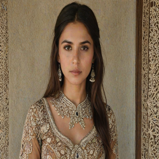 Face, shoulders, chest covered in openwork Pakistani embroidery. Raw, unedited image.