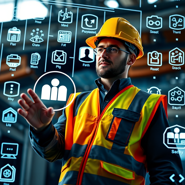 A construction worker in a safety vest and hard hat interacting with a futuristic digital interface featuring various icons and symbols, taken from a low angle with a Canon EOS 5D Mark IV, ISO 100, f/4, 1/200s, using a wide-angle lens to capture depth and details.