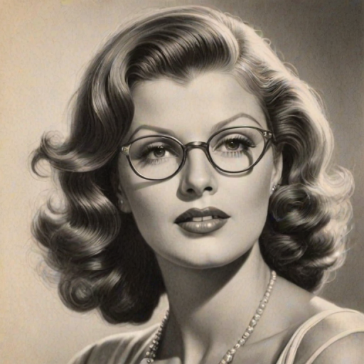 Alluring Rita Hayworth, pencil sketch, portrait of Sublime woman 1923s in glasses, hair style beatnik, outline, clear lines, fine lines, 8k