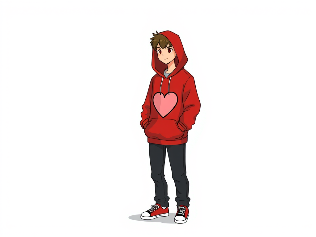 Create an illustration of a person wearing a red hoodie with a heart graphic, standing casually with hands in pockets, use a DSLR camera with 50mm lens, aperture f/1.8, ISO 200, natural light, focus on subject, high-resolution.