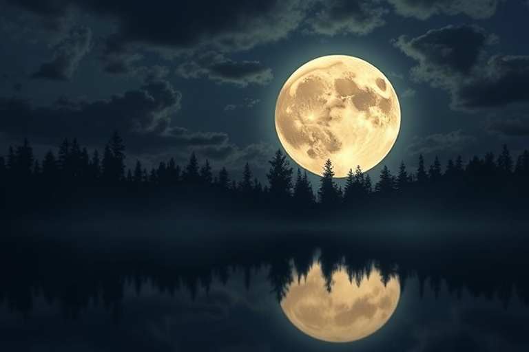 Create a high-resolution image of a large, luminous full moon reflected on a calm water surface, surrounded by dark, dense forest silhouettes under a dramatic cloudy sky, captured with a DSLR camera at F2.8 aperture, ISO 200, 1/60 shutter speed, wide-angle lens, and soft focus for a dreamy effect.