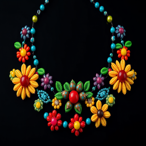 Create a high-resolution image of a colorful beaded floral necklace design on a black background, with a DSLR camera set to f/2.8 aperture, ISO 100, 1/60s shutter speed, shot from a top-down view in macro style to capture intricate details and vivid colors.