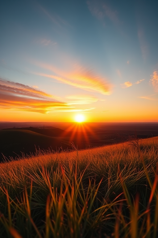 Capture a high-resolution image of a serene landscape at sunset with vibrant colors, using a Canon EOS 5D Mark IV with a 24mm f/1.4 lens, aperture set to f/8, ISO 100, at a shutter speed of 1/60 seconds, from a low angle perspective to emphasize foreground details and depth.