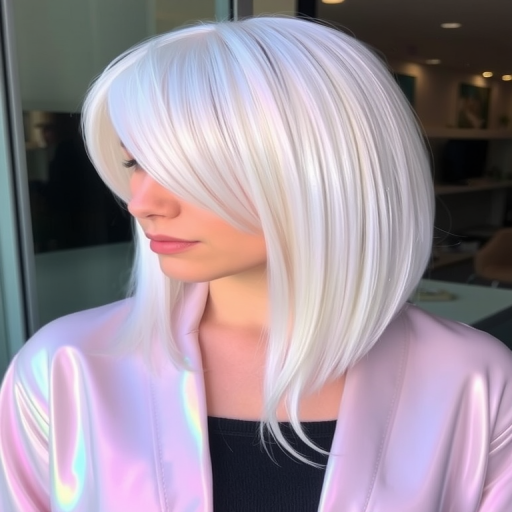 Iridescent Opal Sheen showcases a pearlescent white base with subtle rainbow reflections, styled in a sleek, glass-like bob that appears to change color in different lights