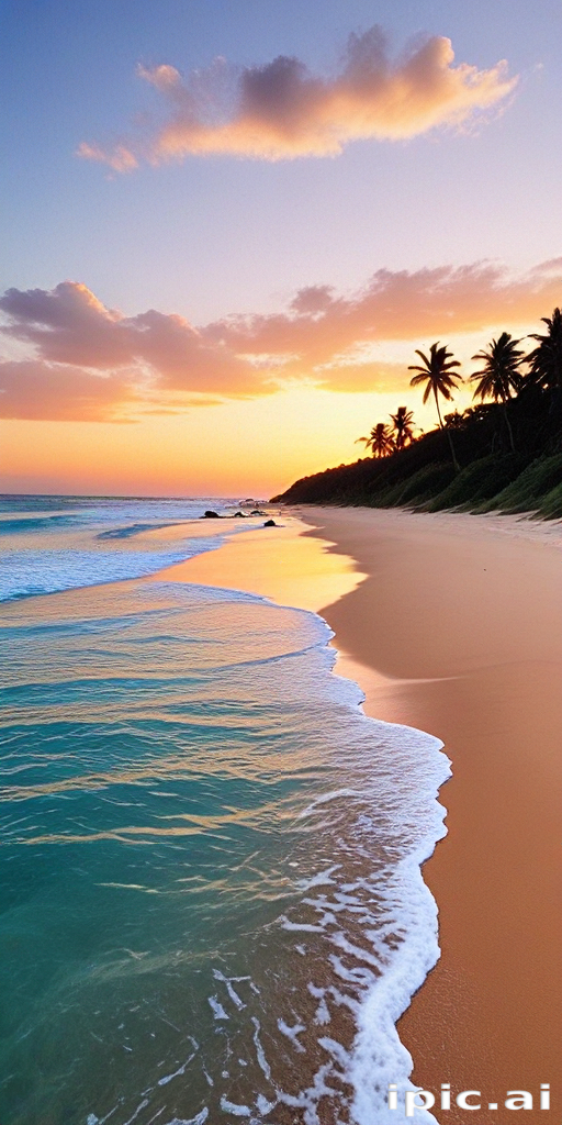 Serene Sunset Over Tranquil Beach with Gentle Waves and Palm Trees