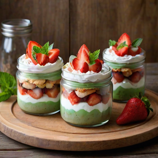 Create an image of layered dessert jars featuring sponge cake, fresh strawberries, whipped cream, and mint leaves, arranged beautifully on a wooden platter. Include small flowers for decoration and a rustic setting.
