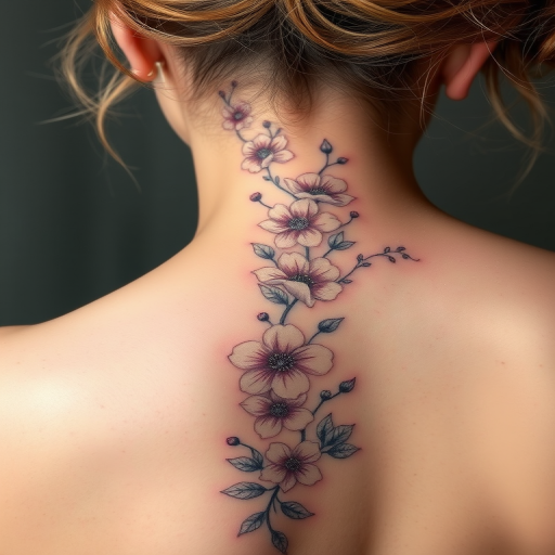 Delicate floral body tattoo cascading down the spine, featuring hyper-realistic botanicals in muted watercolor tones with touches of metallic silver