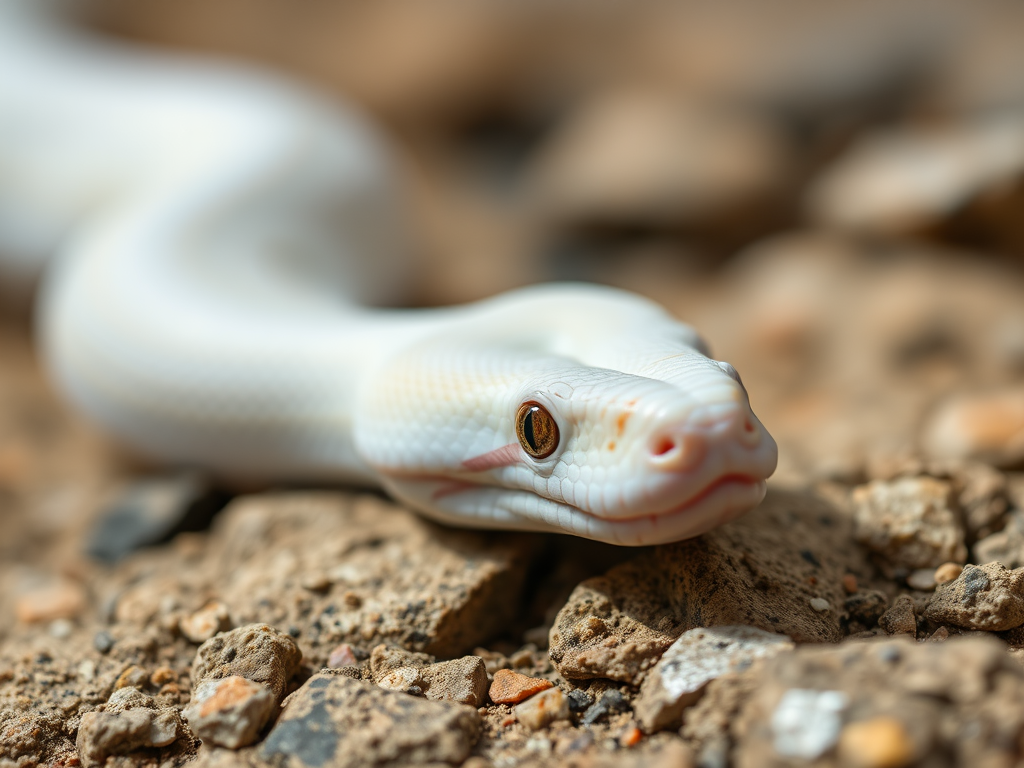 Close-up of an albino python resting on a rocky surface, shallow depth of field, natural lighting, 50mm lens, aperture f/2.8, shutter speed 1/100, ISO 200, macro photography style, DSLR camera.