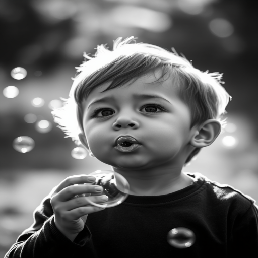 Capture a high-contrast black and white image of a child blowing bubbles, featuring a soft, diffused background with sparkling bubble highlights, using a Canon EOS R5, 50mm f/1.2 lens, aperture set to f/2.8, shutter speed 1/125s, ISO 200, in backlighting for dramatic effect.
