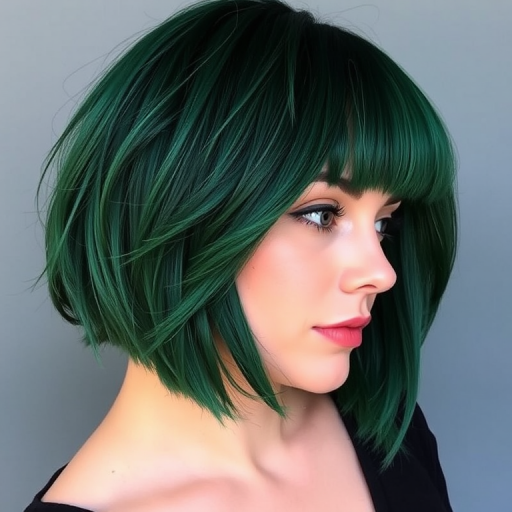 Lush forest green tresses styled in a sleek, chin-length bob with blunt bangs and subtle emerald undertones, showcasing the nature-inspired "Evergreen Chic" look