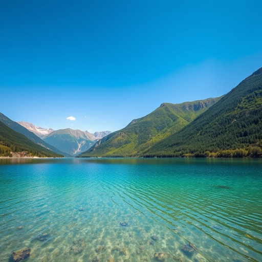 Generate a high-quality image of a serene landscape featuring a clear lake surrounded by lush green mountains under a bright blue sky, captured with a DSLR camera at f/8 aperture, 1/100 seconds shutter speed, ISO 100, using a 24mm lens, and in landscape orientation.