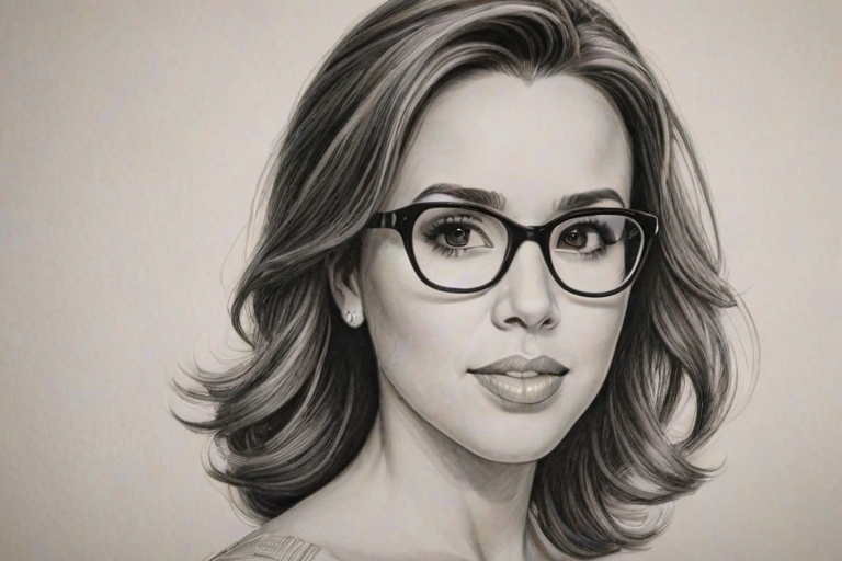 Stunning Lacey Chabert, pencil sketch, portrait of Fascinating woman 1952s in glasses, hair style beatnik, outline, clear lines, fine lines, 8k