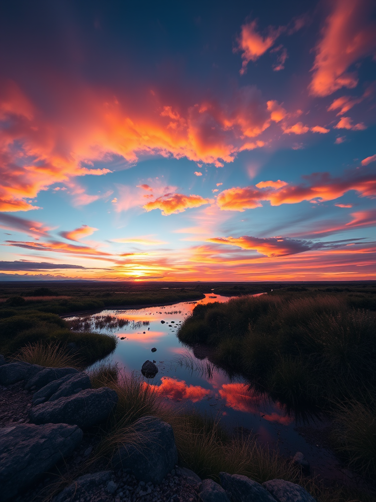 Create a high-resolution image of a scenic landscape during sunset, using a Canon EOS R5 camera, 24mm lens, f/8 aperture, ISO 100, and a 1/60 shutter speed, capturing vibrant colors in the sky and reflections in the water, with a wide-angle view to encompass the foreground and background elements.