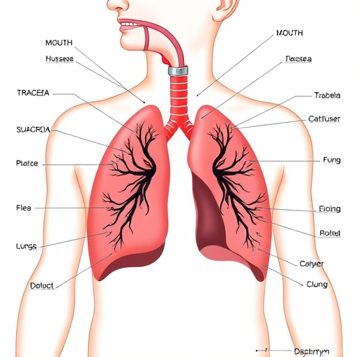 Create a detailed illustration of the human respiratory system including labeled parts like the nose, mouth, trachea, lungs, and diaphragm, captured with a Canon EOS R5, aperture f/8, shutter speed 1/125s, ISO 100, in a high-resolution digital art style with a focus on clarity and color accuracy.