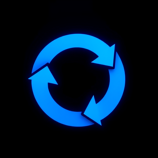 Create a high-resolution image of a blue circular refresh icon on a dark background, using a DSLR camera at f/8 aperture, 50mm lens, ISO 100, and capturing from a slightly elevated angle to enhance depth.