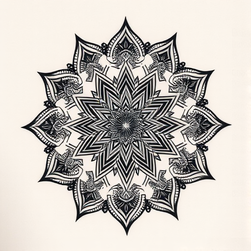 Dotwork mandala tattoo named "Cosmic Harmony" featuring intricate patterns and sacred geometry, created entirely with thousands of tiny dots in varying densities to achieve a mesmerizing 3D effect