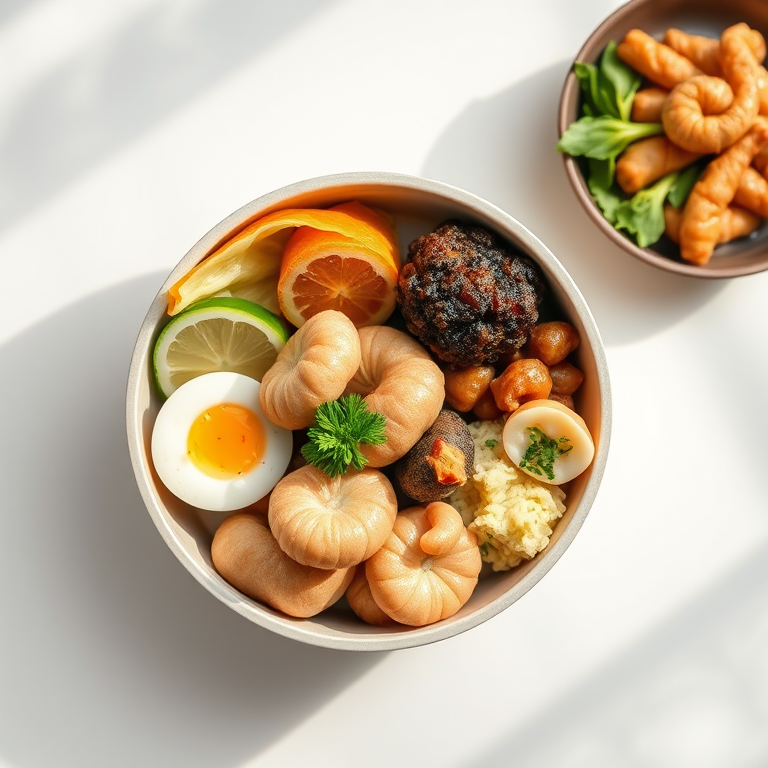 high-quality food photography of a bento box with assorted dishes, natural lighting, shallow depth of field, 50mm lens, f/1.8 aperture, ISO 200, top-down view, soft focus background, minimalistic style