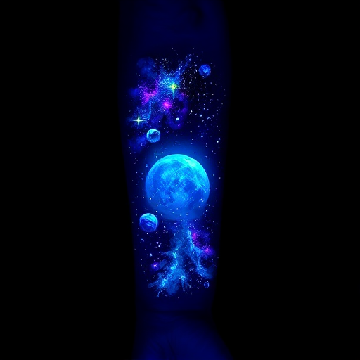 Mystical blacklight tattoo on the forearm, revealing a hidden galaxy scene with glowing stars, planets, and nebulae when exposed to UV light