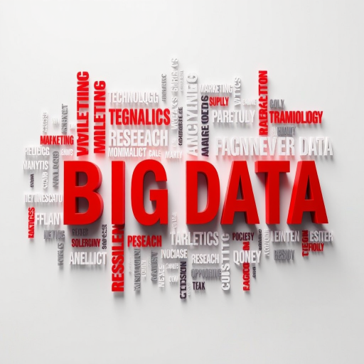Create a word cloud featuring the term "BIG DATA" in bold red letters, with related terms like "ANALYTICS," "MARKETING," "RESEARCH," and "TECHNOLOGY" in varying sizes and styles, using a high-resolution digital camera set to 24mm, f/2.8 aperture, 1/125 sec shutter speed, ISO 100, with a top-down view and a minimalist background for enhanced focus.