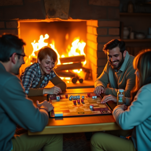 Warmly lit image of a family playing board games by a roaring fireplace, soft glow from the flames casting warm shadows, the sound of rolling dice and laughter filling the room.