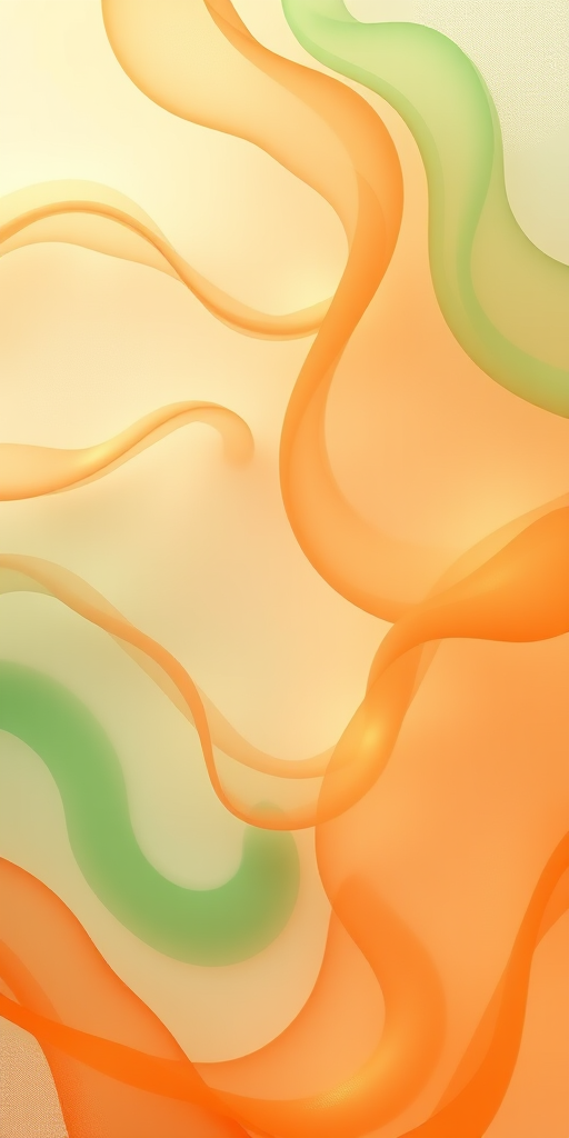 create a soft abstract background with flowing translucent waves in green and orange hues, captured with a DSLR camera at f/8 aperture, 1/125 sec shutter speed, ISO 100, wide-angle lens, top-down view, using a diffused lighting setup to enhance the softness and fluidity of the colors.