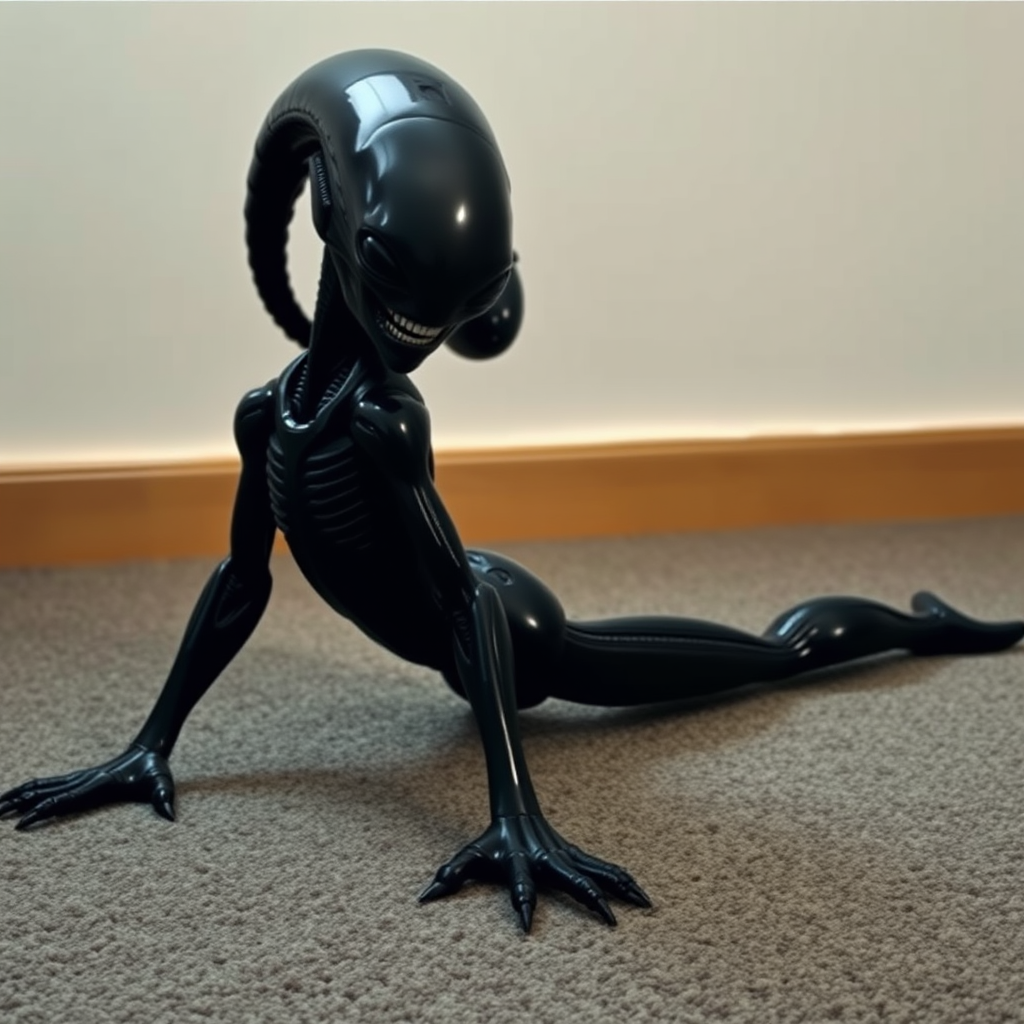A funny Alien in a stretching position on a textured carpet, with its black, glossy body reflecting dim light. Legs spread wide, upper body bent forward, long segmented tail curving over its back, arching above its head. Face directed at the viewer, showing biomechanical features, sharp teeth, elongated skull. Muscles taut, emphasizing strength in the stretch. Minimalist environment, focusing on the creature's athletic pose. Photorealistic quality.