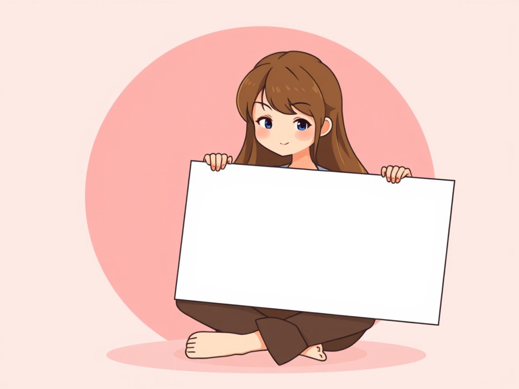 Create a vector illustration of a character with long brown hair sitting down and holding a large blank sign, with a soft pink circular background, using a digital illustration style, 4K resolution, flat design, and optimized for web use.